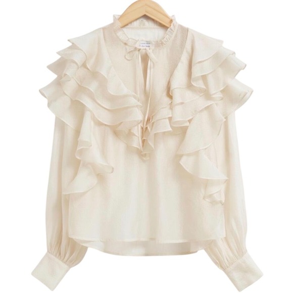 & Other Stories Tops - & Other Stories Ruffle Blouse Womens 10 Cream Romantic Coquette Tiered Tie Neck